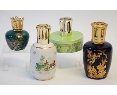 BERGER, PARIS ESSENCE LAMP WITH LONGCHAMP PORCELAIN DRUM SHAPED BODY, green with design of hare bells and motto ' The Best is