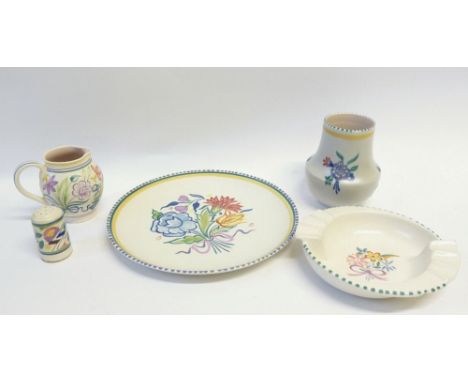 FIVE PIECES OF POOLE POTTERY floral painted in colours, comprising circular ASHTRAY, 6 1/2" (16.5cm) diameter, painted initia