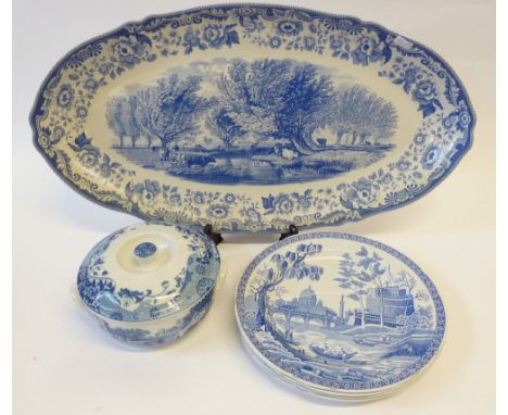 LARGE SPODE 'SIGNATURE COLLECTION' BLUE AND WHITE COUNTRY SCENES, oval  FISH PLATTER, 24" (61cm) wide, FOUR SPODE BLUE AND WH