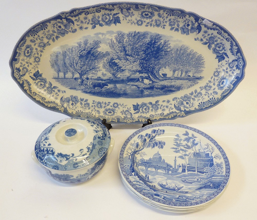 LARGE SPODE 'SIGNATURE COLLECTION' BLUE AND WHITE COUNTRY SCENES, oval