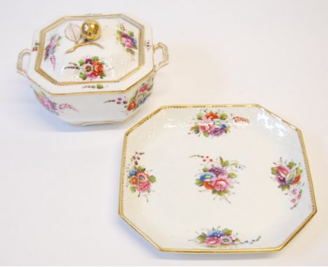 A PRISTINE EARLY NINETEENTH SPODE PORCELAIN TWO HANDLED COVERED BOWL ON STAND, of canted square shape, moulded and colourfull