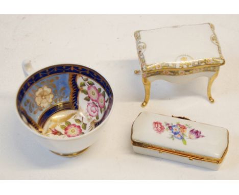 NINETEENTH CENTURY HAND PAINTED CABINET TEACUP, the interior decorated with floral panels, unmarked, TOGETHER WITH A LIMOGES 