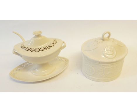 ROYAL CREAM WARE OVAL LIDDED BOX AND COVER, embossed with heraldic shields and square rigged ships, ring handle, 6 1/2" (16.5
