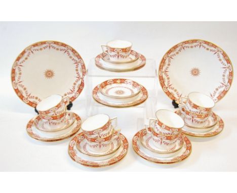 LATE VICTORIAN MINTONS PORCELAIN 36 PIECE PART TEA SERVICE, each painted with formal borders in iron red, salmon pink and gil