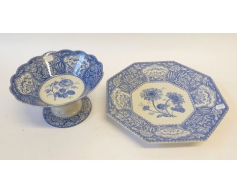 SPODE 'SIGNATURE COLLECTION' BLUE AND WHITE LARGE OCTAGONAL DISH, Floral pattern, 15" (38cm) wide and MATCHING PEDESTAL FRUIT