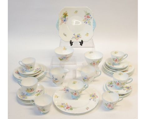 THIRTY SIX PIECE SHELLEY 'WILD FLOWERS' PATTERN CHINA PART TEA AND DINNER SERVICE, now suitable for seven persons, comprising