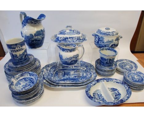 EXTENSIVE SPODE 'ITALIAN' BLUE AND WHITE POTTERY DINNER SERVICE, including; TOILET JUG AND BOWL, GRADUATED SET OF THREE MEAT 