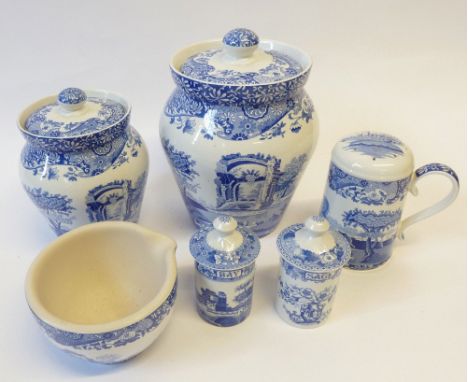 SPODE 'BLUE ROOM' SET OF SIX SMALL HERB CANISTERS, of differing patterns for Rosemary, Sage, etc.., GRADUATED PAIR OF ITALIAN