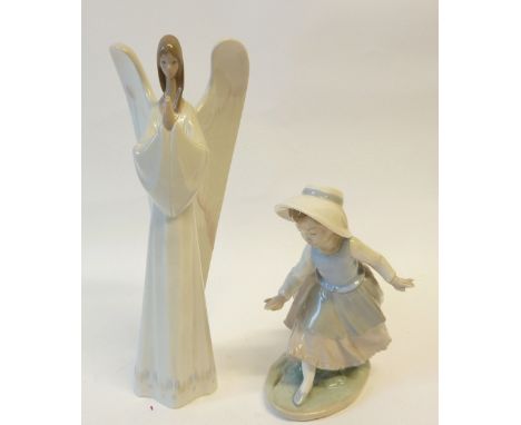 NAO PORCELAIN TALL FIGURE OF AN ANGEL STANDING IN PRAYER, 12 1/2" (31.7cm) high and ANOTHER VICTORIAN GIRL PLAYING FORMERLY W