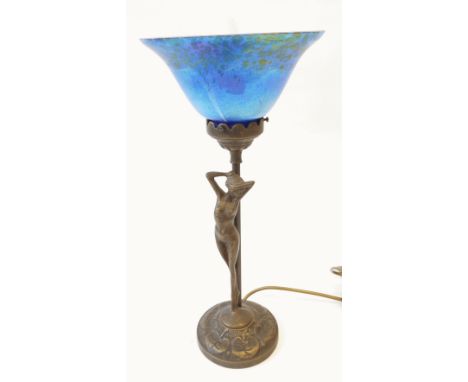 ART NOUVEAU STYLE PATINATED METAL FIGURAL TABLE LAMP with mottled blue and black glass shade, 15" (38.1cm) high 