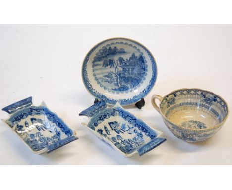 PAIR OF NINETEENTH  CENTURY WILLOW PATTERN PEARL WARE POTTERY TWO HANDLED PICKLE DISHES, of tapering oblong form, 1 3/4" (4.4