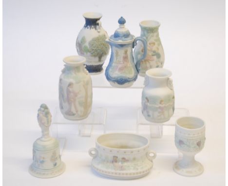 SEVEN LLADRO BISQUE PORCELAIN SMALL VASES, all with embossed decoration, a SIMILAR TABLE BELL AND LIDDED JUG, upto 4 3/4" hig