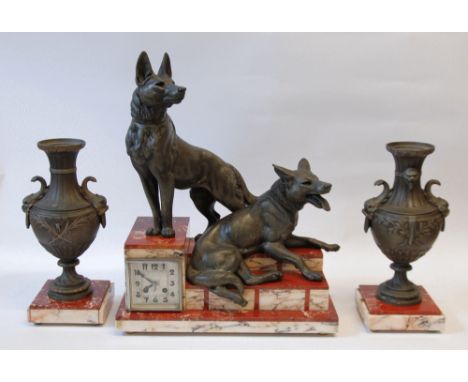 a 1930's FRENCH ART DECO MANTEL CLOCK GARNITURE, the stepped clock case in veined red and white marble, surmounted by two 'br