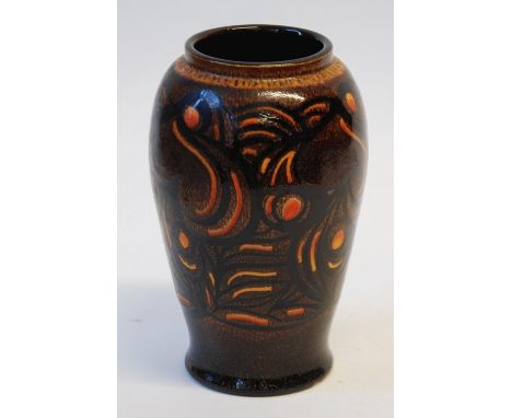 MODERN POOLE POTTERY VASE, of ovoid form, decorated in tones of  orange, yellow and black with stylised design of leaves and 