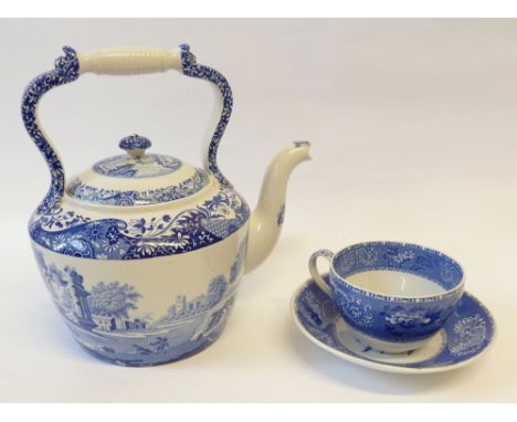 OVERSIZE SPODE ITALIAN BLUE AND WHITE TEAPOT, with raised bale handle, 13" (33cm) wide overall and a JUMBO TEACUP AND SAUCER,