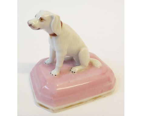 CHAMBERLAINS, WORCESTER MODEL OF A SEATED DOG white and gilt pink oblong base, 3" (7.6cm) wide