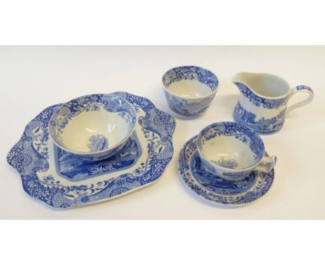 SPODE BLUE AND WHITE ITALIAN PATTERN TEA SET FOR SIX PERSONS, having slops bowl, two cake plates and spare tea cup, 18 pieces