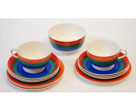 FOURTEEN PIECE ART DECO SUSIE COOPER/GRAYS POTTERY PART TEA SERVICE, banded in orange, green and blue and comprising TWO CUPS