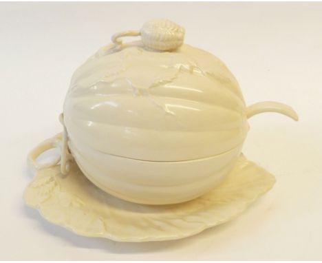ROYAL CREAM WARE SMALL SOUP OR COMESTIBLES TUREEN AND COVER,  PUMPKIN SHAPED, with integral shaped stand with loop handle, 10