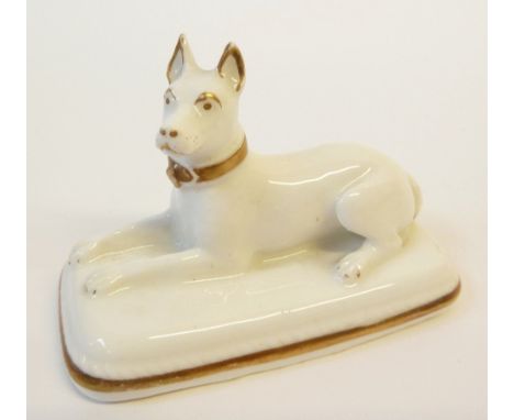 GRAINGER LEE, WORCESTER, MODEL OF A RECUMBENT HOUND, white with gilt  detail, oblong base, 3¼" (8.2cm) wide