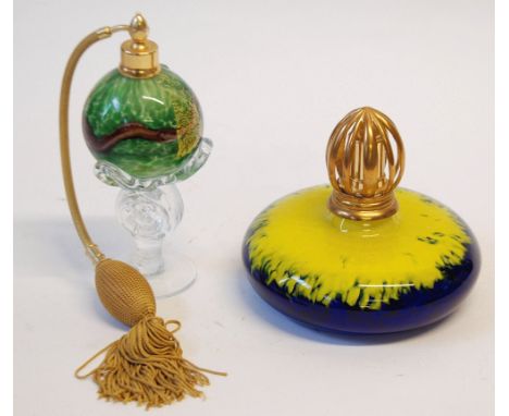 BERGER TYPE ESSENCE LAMP, with cased blue and yellow studies, glass disc shaped body, 6 1/2" (16.5cm) diameter with gilt meta