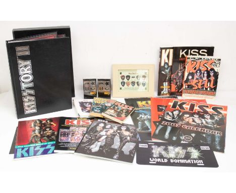 KISS Collection of Books and calenders and Kisstory Volume 1 and 2 leather bound with outer slip case - one damaged - and a l