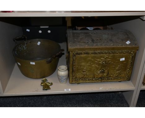A vintage dome top brass slipperbox decorated with a maritime scene, h30cm, sold together with a Carricks Cumberland Dairy cr