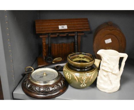 A 20th century hand crafted pipe stand including two pipes, h20cm, sold together with a Smiths barometer, a cow horn holder e