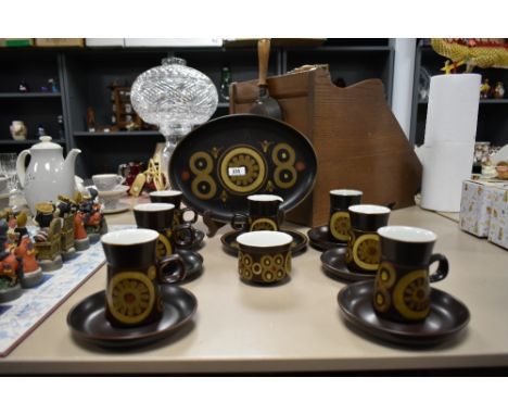 A vintage Denby Arabesque stone ware part espresso service, to include 6 cup's, 6 saucers, milk jug, sugar bowl, plate, and a