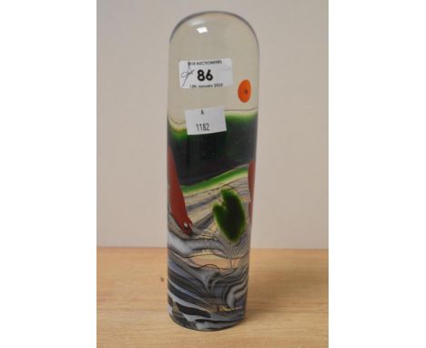 A John Ditchfielf iridescent clear art glass paperweight, of domed pillar form and decorated with swirls and abstract coloure