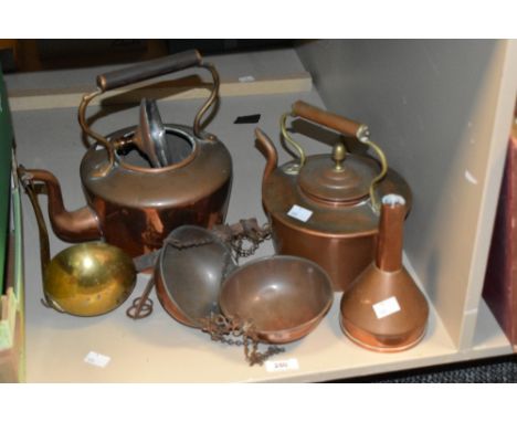 Two late 19th / early 20th century copper kettles, largest h27cm, sold together with a pair of weighing scales, a large brass