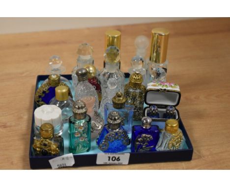 A pretty selection of vintage miniature perfume / scent bottles, to include a Limoges trinket box, a Stuart Crystal cut glass