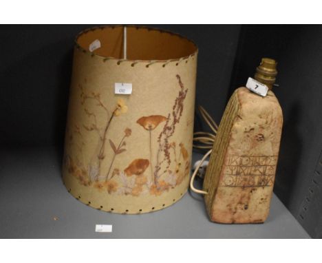 In the manner of Bernerd Rooke - A mid-century stoneware studio pottery lamp with shade, decorated having Aztec textured patt