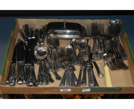 A box containing various stainless steel cutlery, some by engraved Pepper &amp; Hope, Sheffield, to include a lidded butler d