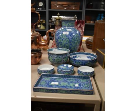 A selection of mid-century Japanese porcelain items all having blue with green foliage design with stamping to undersides com