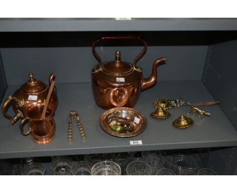 A mixed lot comprising of a 19th century copper and brass teapot, h23cm, a silver plated nut cracker, a tin pin case, a leath