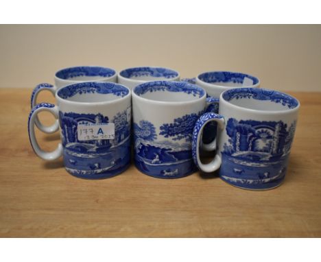 Six Spode Italian design C. 1816 blue mugs, stamped to underneath.