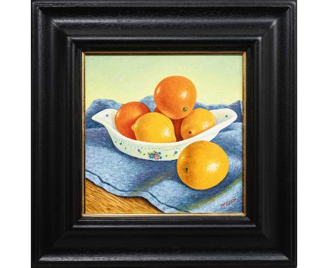GRAHAM H D MCKEAN, ORANGES AND LEMONS oil on canvas, signed, titled versoframedimage size 30cm x 30cm, overall size 48cm x 48