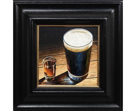 GRAHAM H D MCKEAN, GUINNESS WITH A WHISKY CHASER oil on canvas, signed, titled versoframedimage size 25cm x 25cm, overall siz