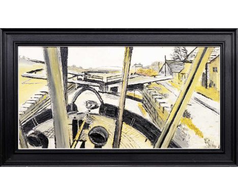 * FRED YATES (BRITISH 1922 - 2008), THE LOCK GATES oil on boardframed image size 46cm x 90cm, overall size 60cm x 104cm Label