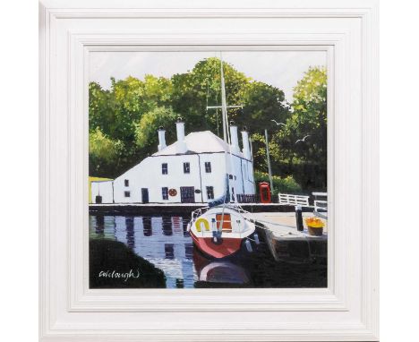 * FRANK COLCLOUGH (SCOTTISH 1941 - 2023), CRINAN MOORING oil on board, signed, titled versoframed and under glassimage size 5