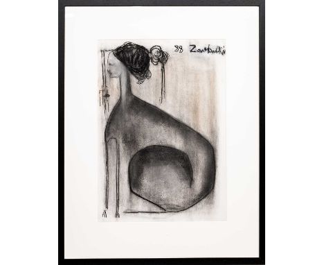* PAT DOUTHWAITE (SCOTTISH 1939 - 2002), CAT WITH FEMALE HEAD charcoal and pastel on paper, signed and dated '88mountedimage 