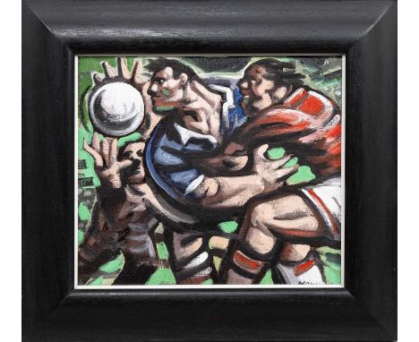 * PETER HOWSON OBE (SCOTTISH b. 1958), FOOTBALLERS oil on canvas, signedframedimage size 31cm x 36cm, overall size 45cm x 49c