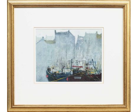* JAMES FRASER RSW (SCOTTISH b. 1958), THE HUDDLE  acrylic on board, signed, titled label versomounted, framed and under glas