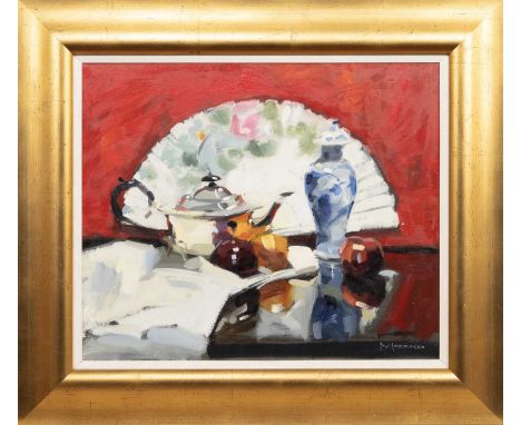 * JACK MORROCCO DA (SCOTTISH b. 1953), ORIENTAL STILL LIFE, REFLECTED  oil on canvas, signed, titled label versoframed and un