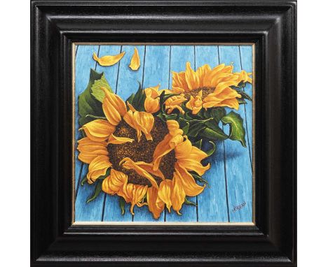 GRAHAM H D MCKEAN, SUNFLOWERS oil on canvas, signed, titled versoframedimage size 40cm x 40cm, overall size 58cm x 58cm Note: