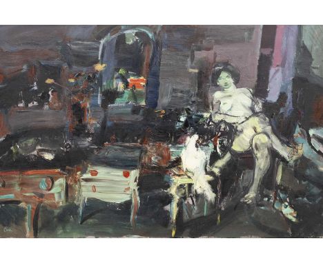 * IAN DAVID COOK RI RSW RGI (SCOTTISH b. 1950), DRAWING ROOM WITH SEATED NUDE oil on canvas, signedunframedoverall size 51cm 
