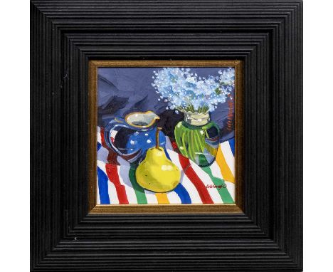 * FRANK COLCLOUGH (SCOTTISH 1941 - 2023), FORGET-ME-NOTS & BLUE JUG oil on board, signed, titled verso framed and under glass