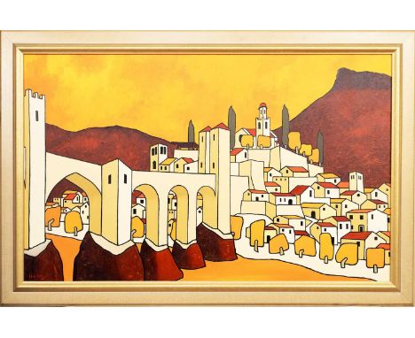 * IAIN CARBY (SCOTTISH 1941 - 2023), DOWNSTREAM AT BESALU, SPAIN oil on canvas, signed, titled and dated '03 versoframedimage