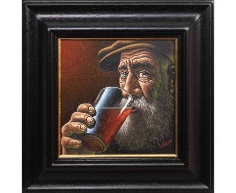 GRAHAM H D MCKEAN, LAST ORDERS PLEASE oil on canvas, signed, titled versoframedimage size 30cm x 30cm, overall size 48cm x 48